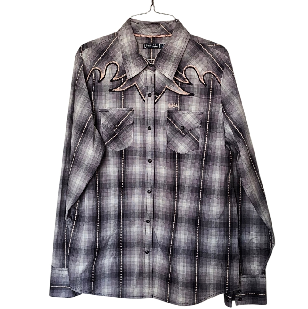 Cruel Girl Gray Black Plaid Embroidered Pearl Snap Western Shirt Size XL